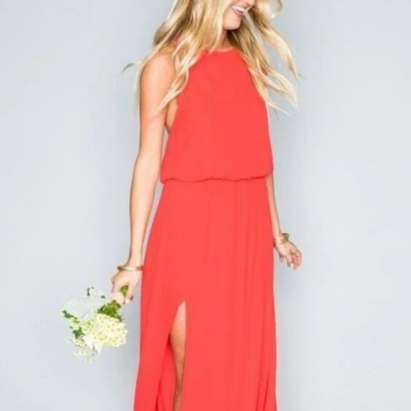 Show Me Your Mumu Halter Maxi Dress Coral Orange Large Slit Sheer Lined - Picture 2 of 14